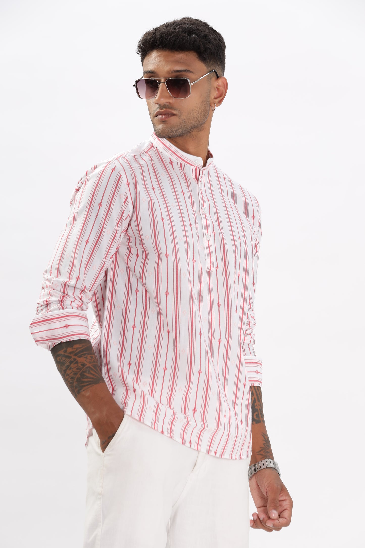 Uri White & Red Dobby Striped Short Kurta