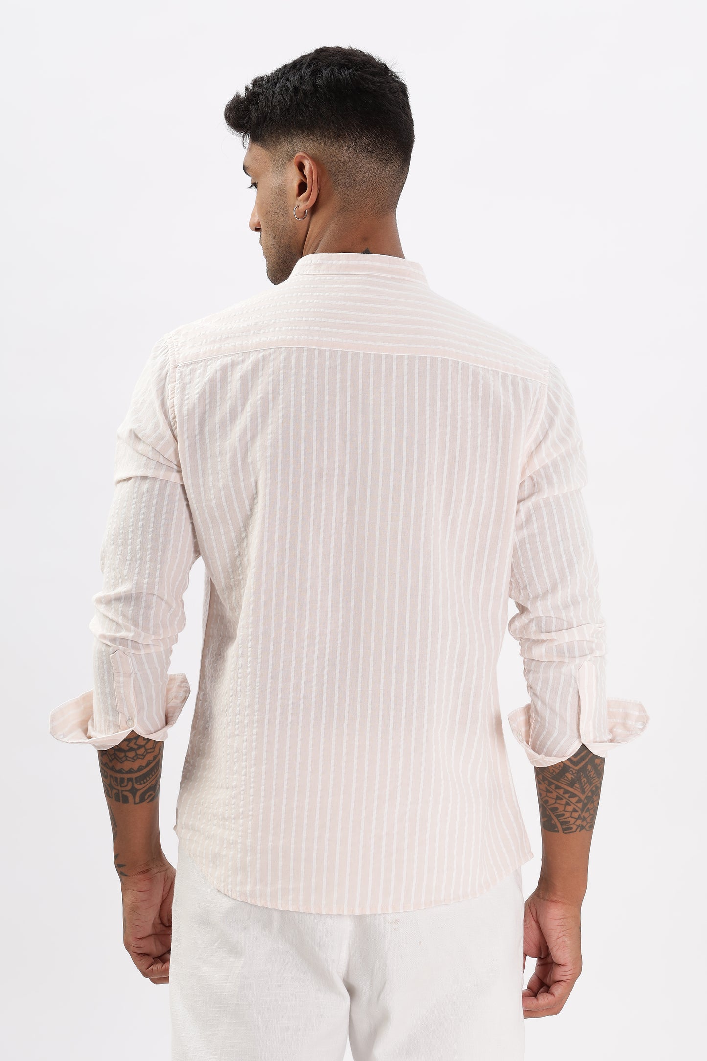 Uri Light Pink Seer Sucker Striped Short Kurta