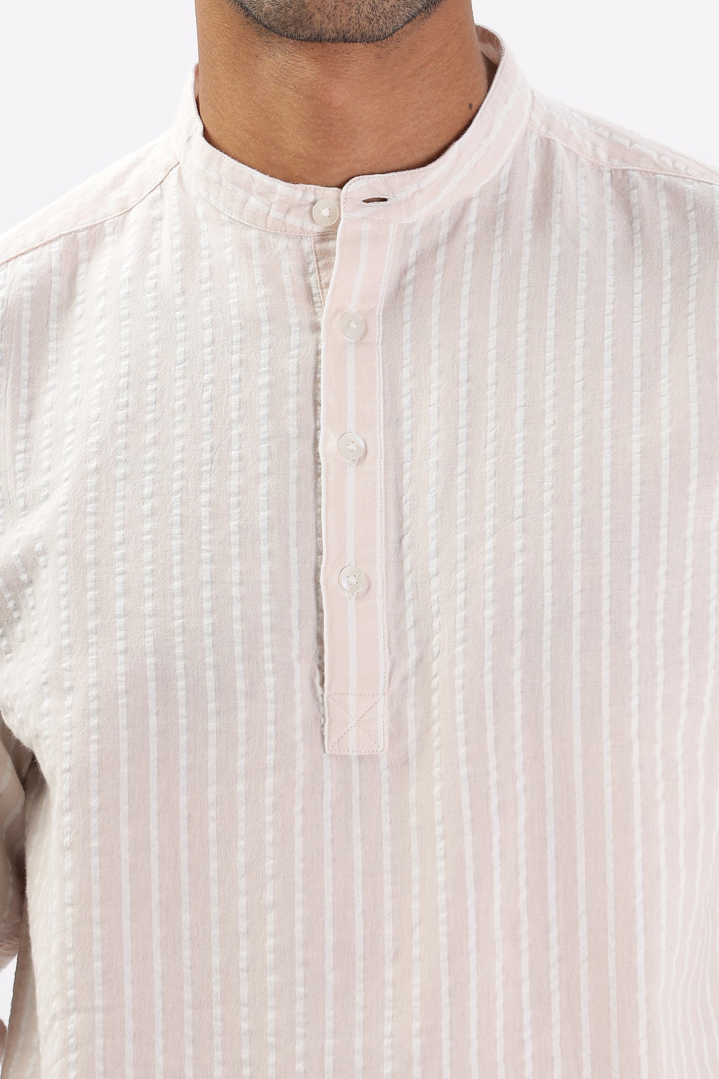 Uri Light Pink Seer Sucker Striped Short Kurta
