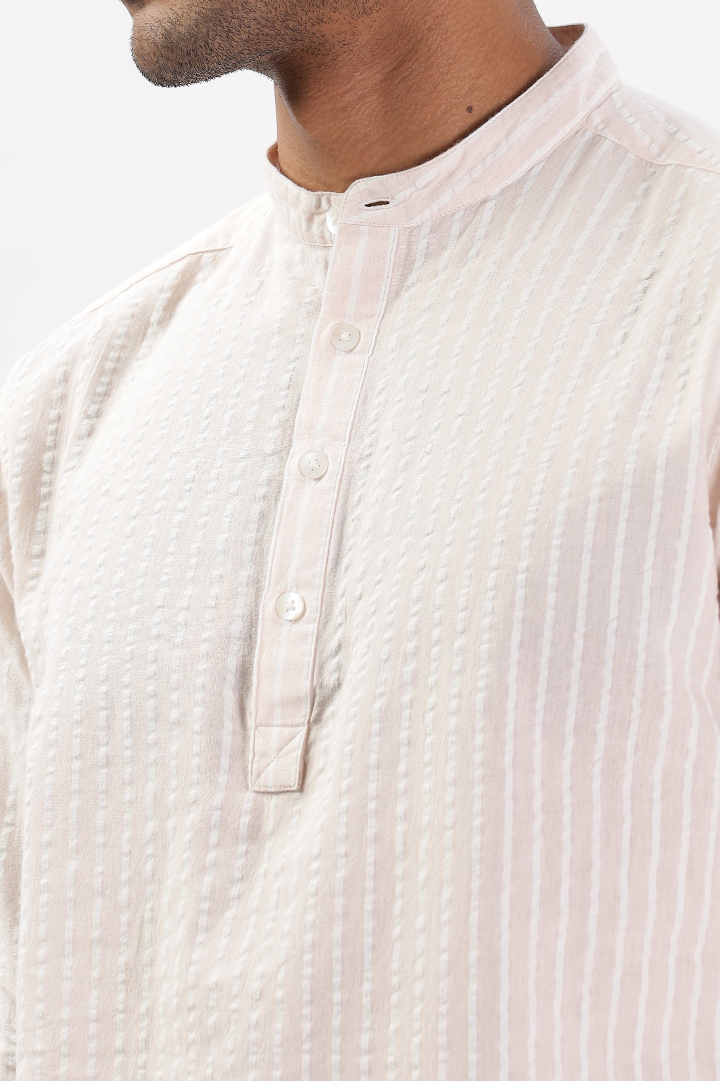 Uri Light Pink Seer Sucker Striped Short Kurta