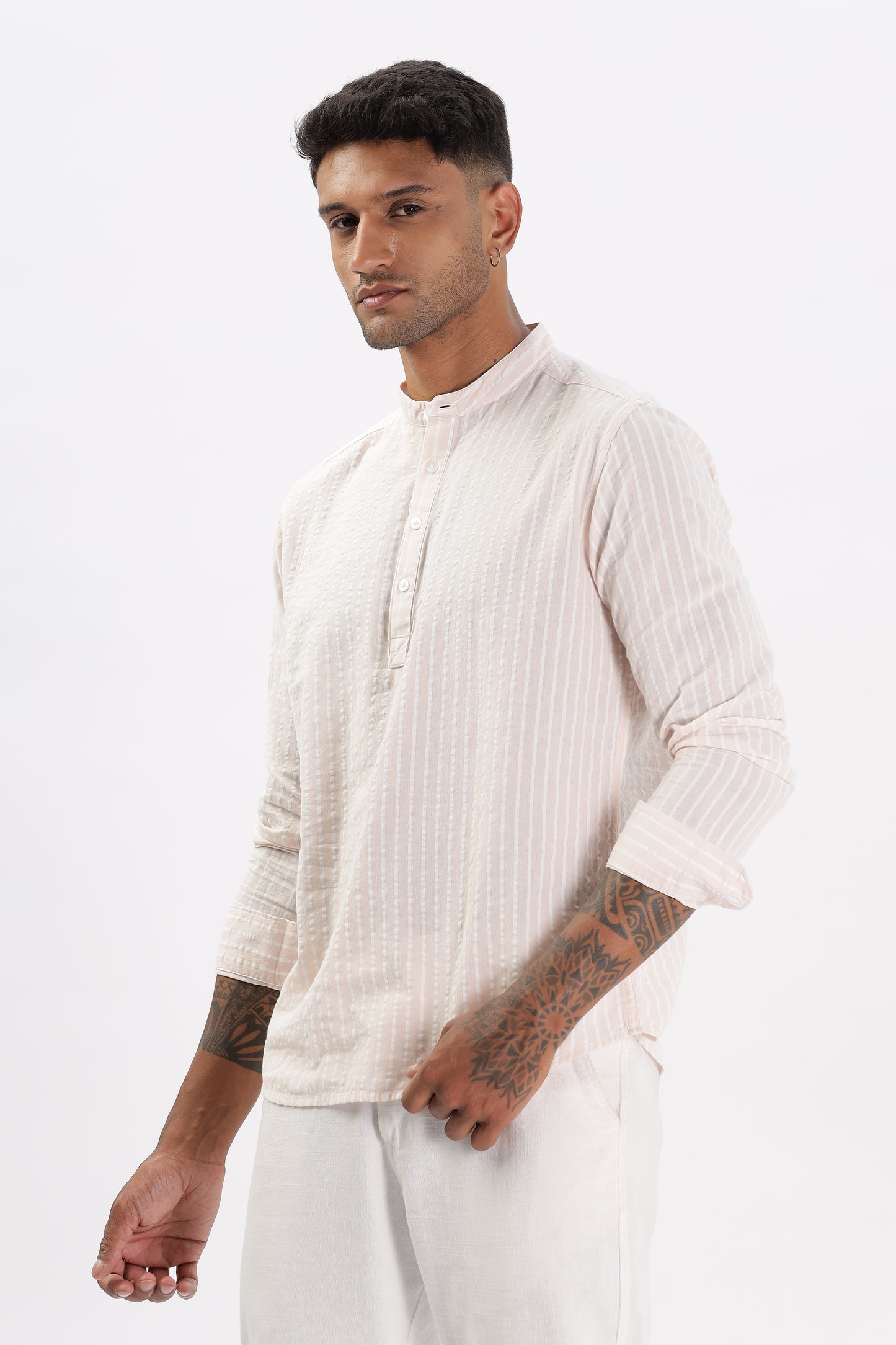 Uri Light Pink Seer Sucker Striped Short Kurta
