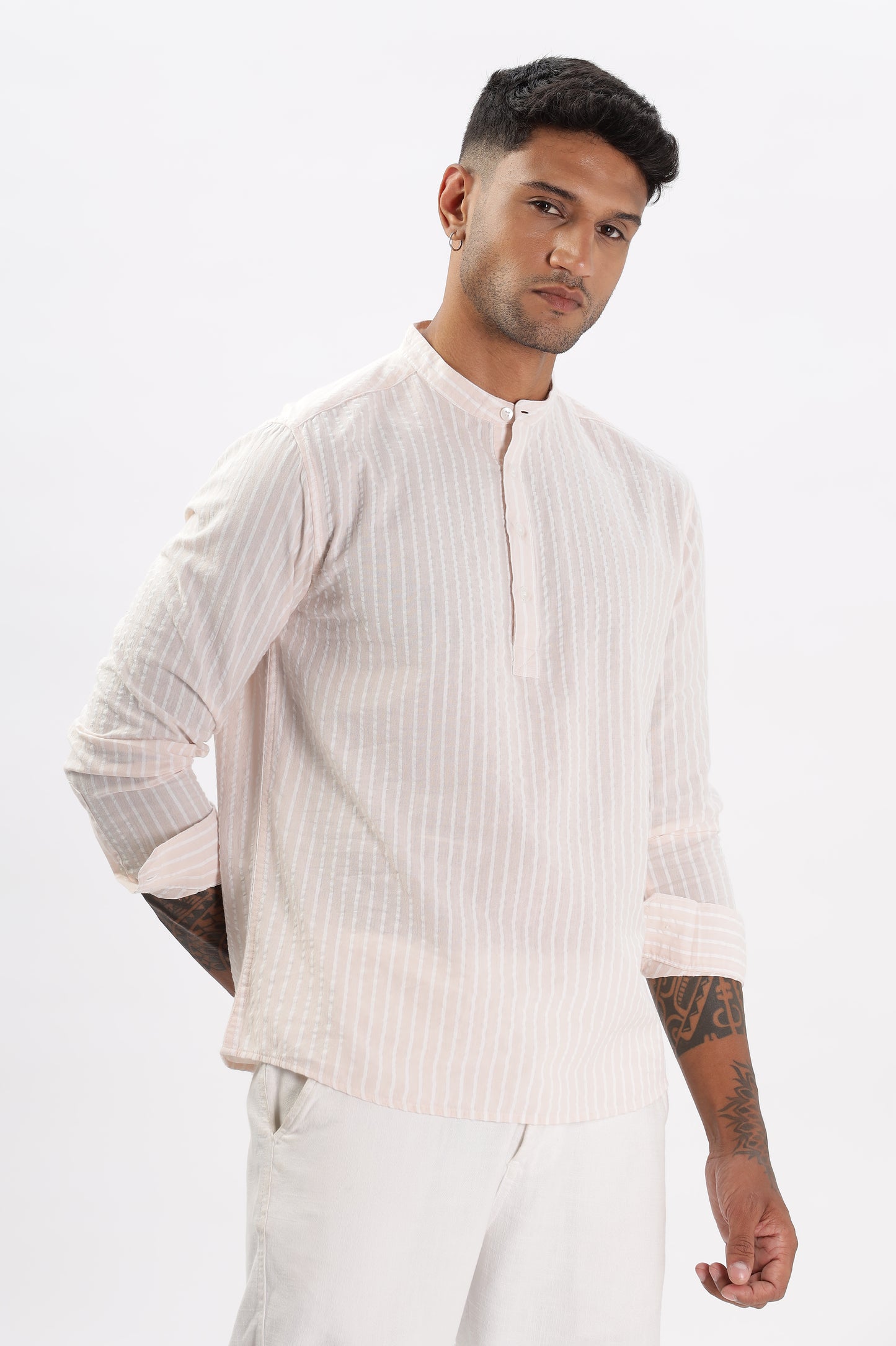 Uri Light Pink Seer Sucker Striped Short Kurta