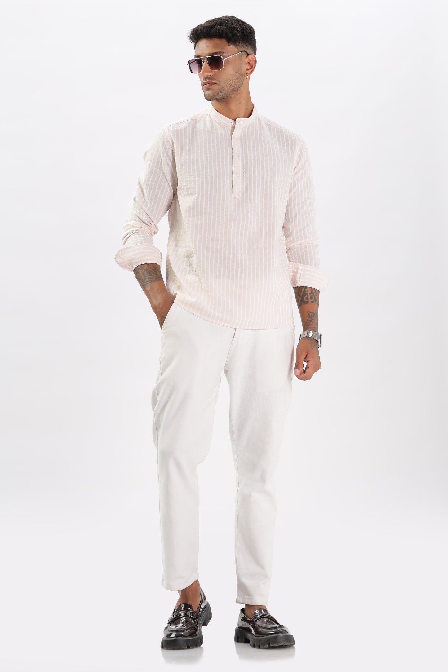 Uri Light Pink Seer Sucker Striped Short Kurta