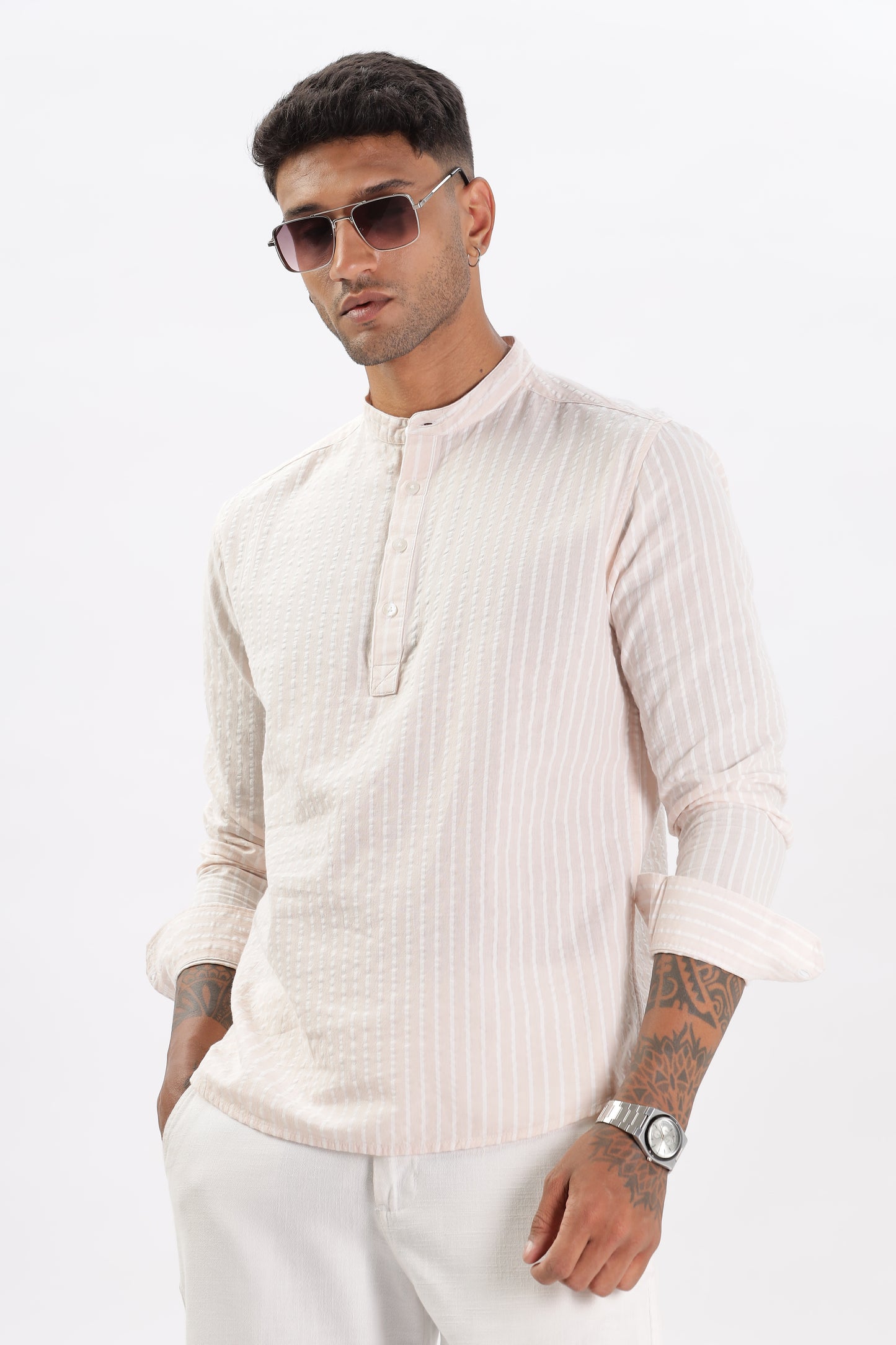 Uri Light Pink Seer Sucker Striped Short Kurta