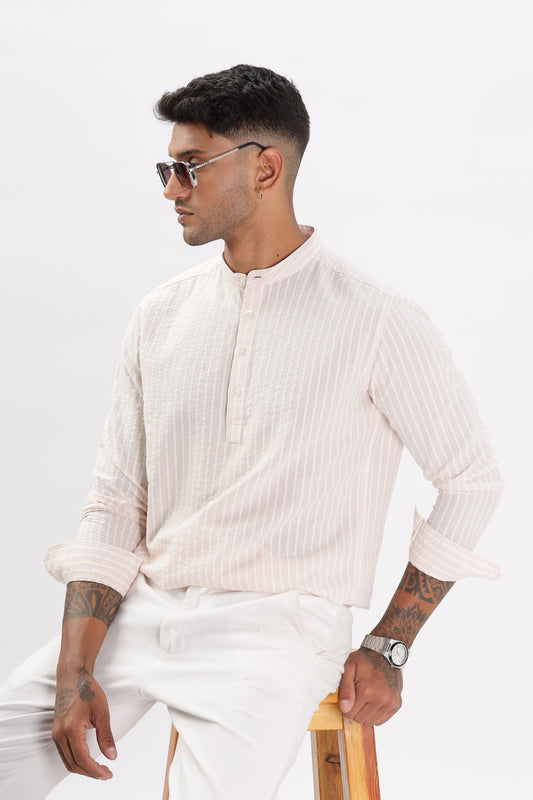 Uri Light Pink Seer Sucker Striped Short Kurta