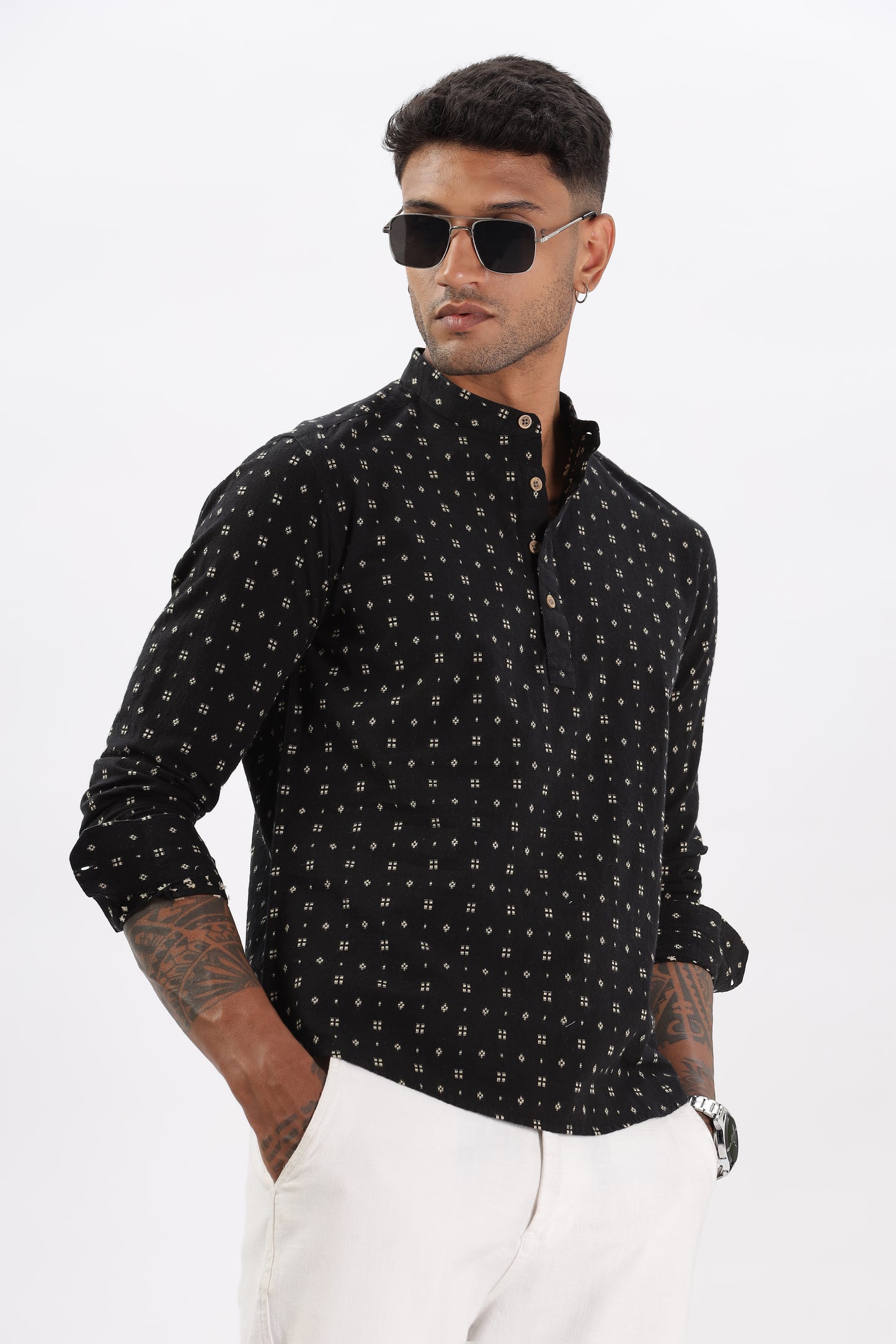 Uri Black Dobby Short Kurta