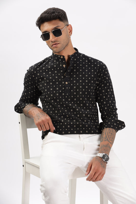 Uri Black Dobby Short Kurta