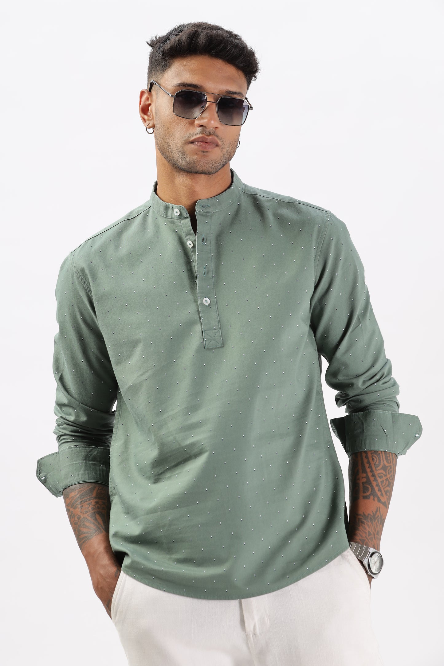 Uri Green Micro Print Short Kurta