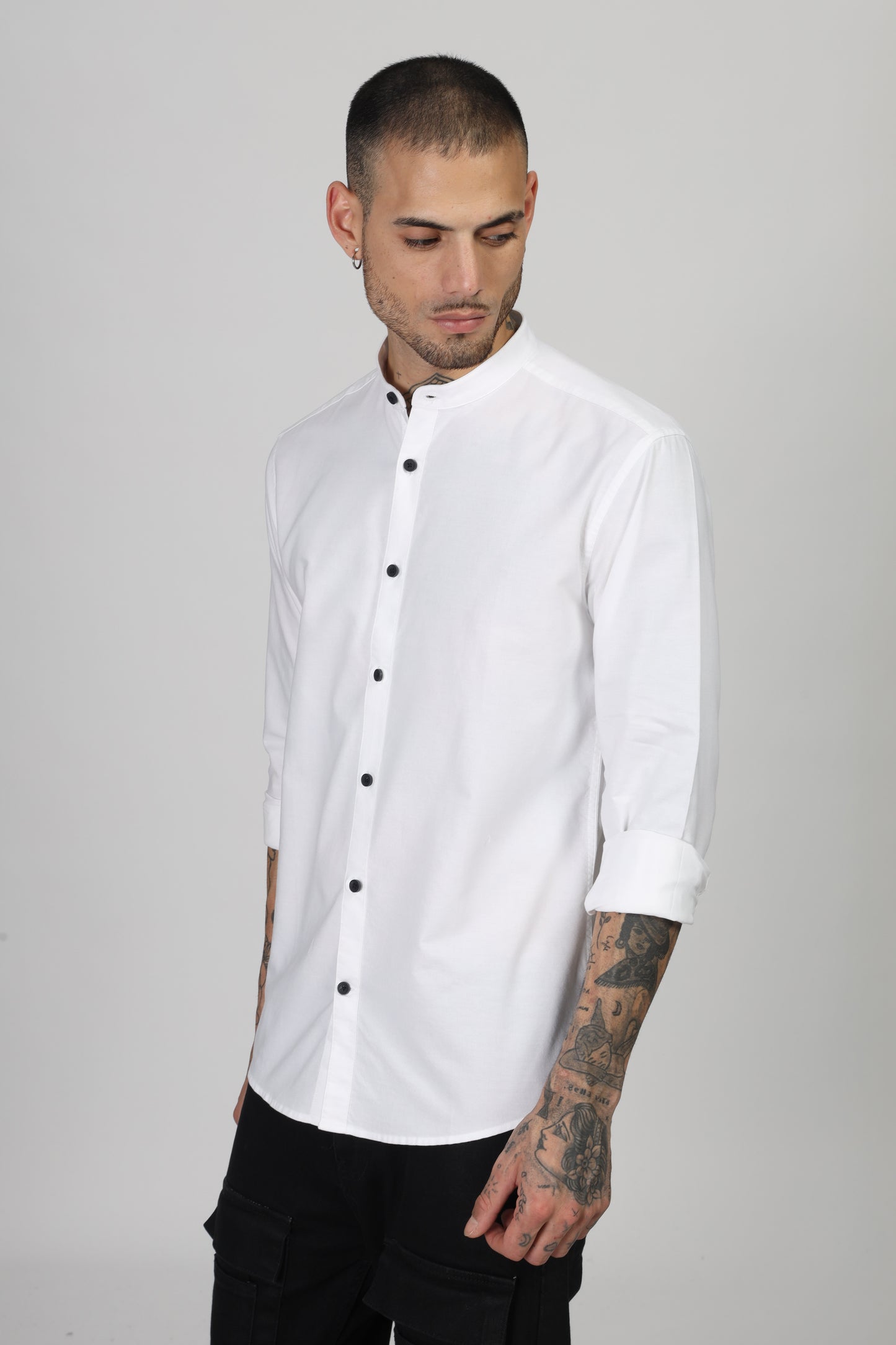 Uri White Mandarin Collar Oxford Shirt
