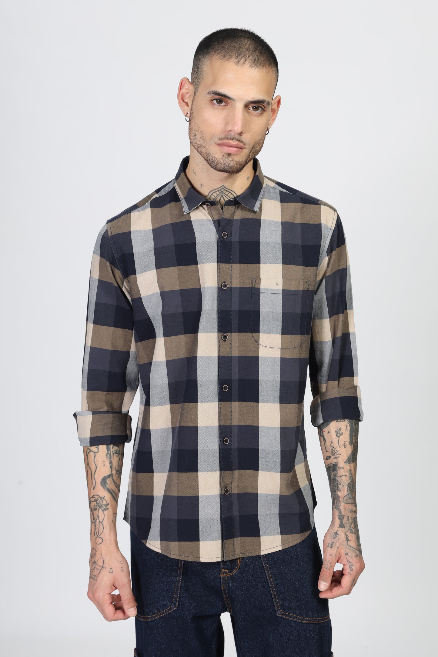 Uri Navy Flannel Checks Cotton Shirt