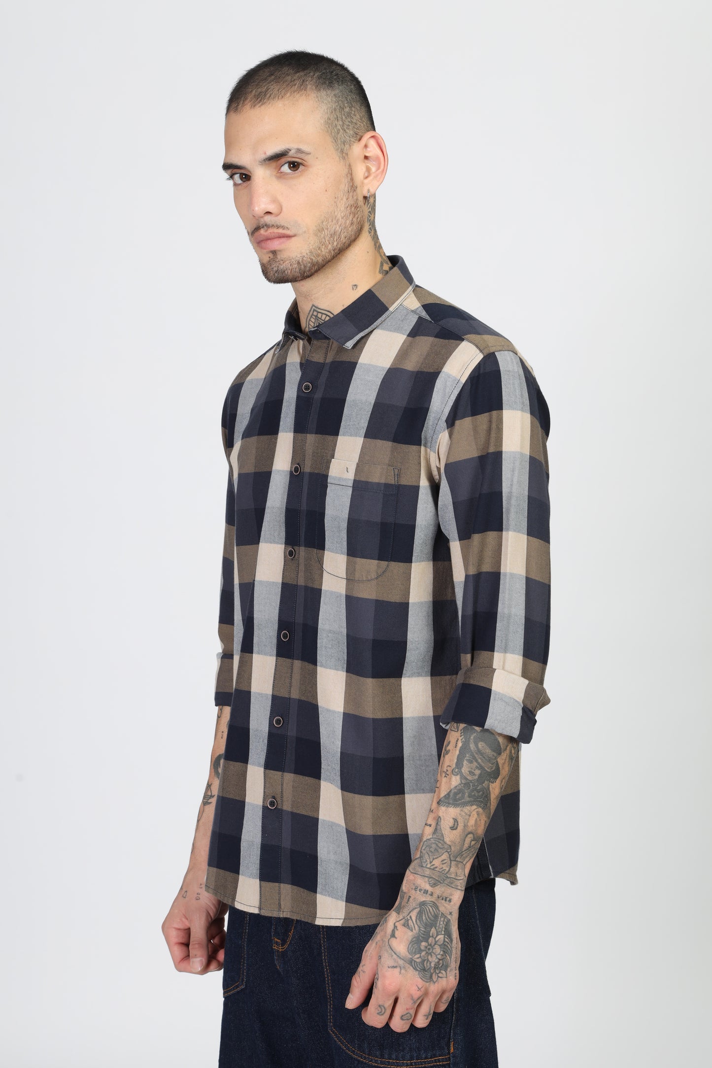 Uri Navy Flannel Checks Cotton Shirt