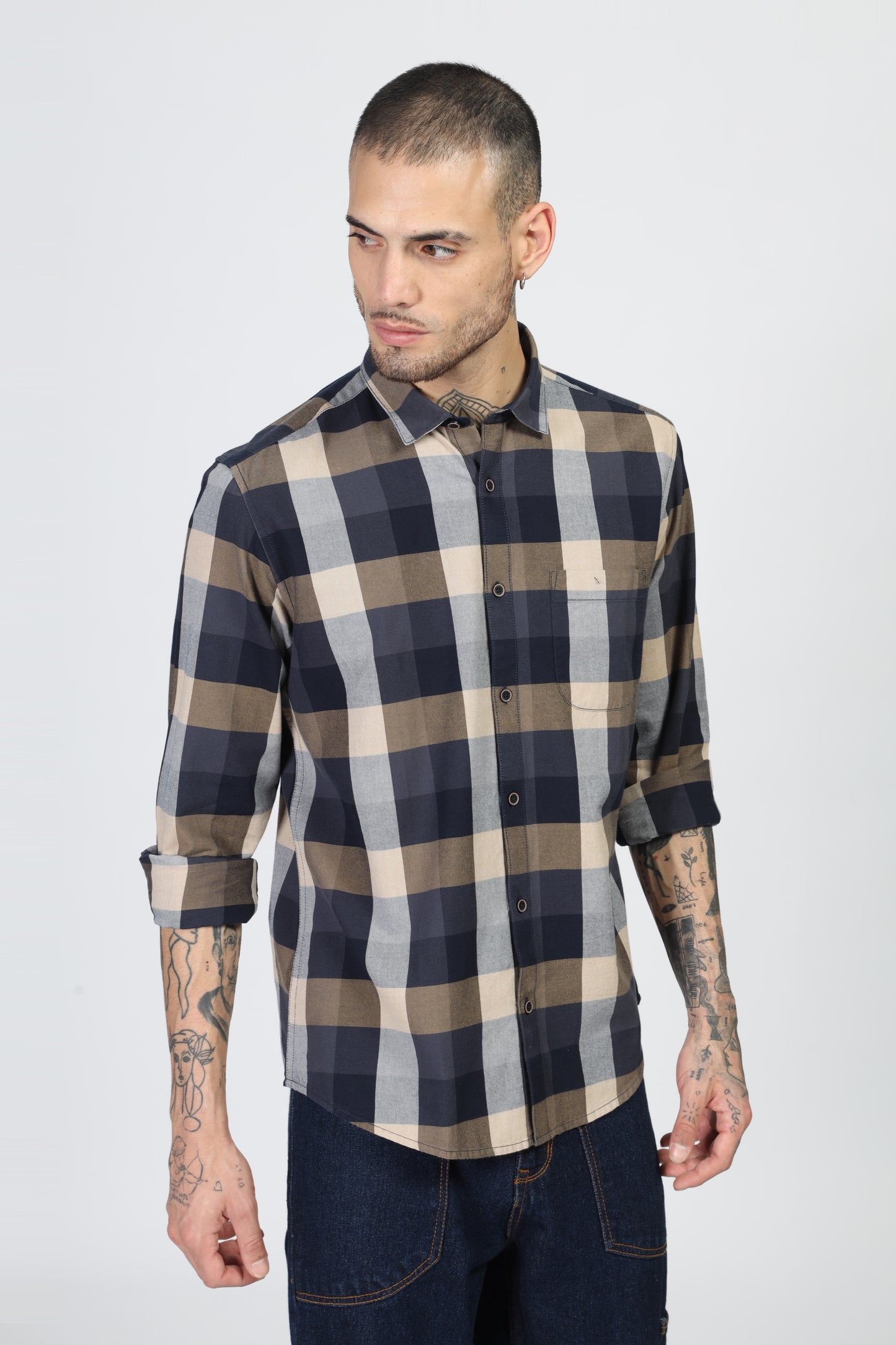 Uri Navy Flannel Checks Cotton Shirt