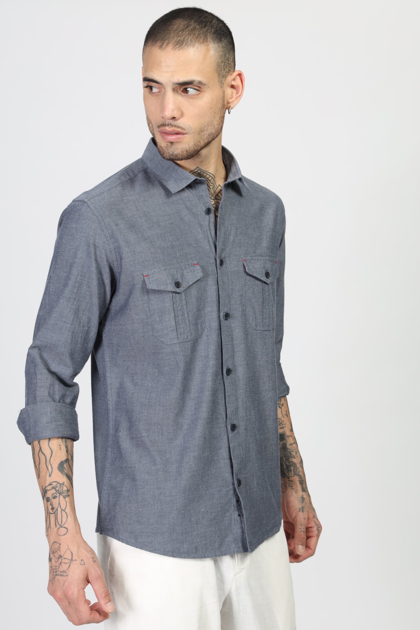 Uri Dark Grey Double Pocket Casual Shirt