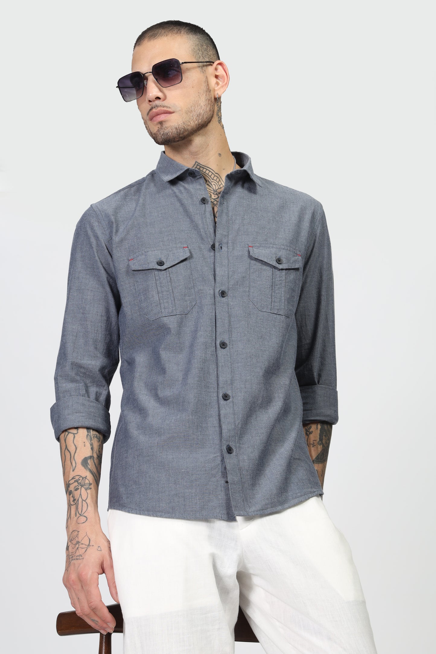 Uri Dark Grey Double Pocket Casual Shirt