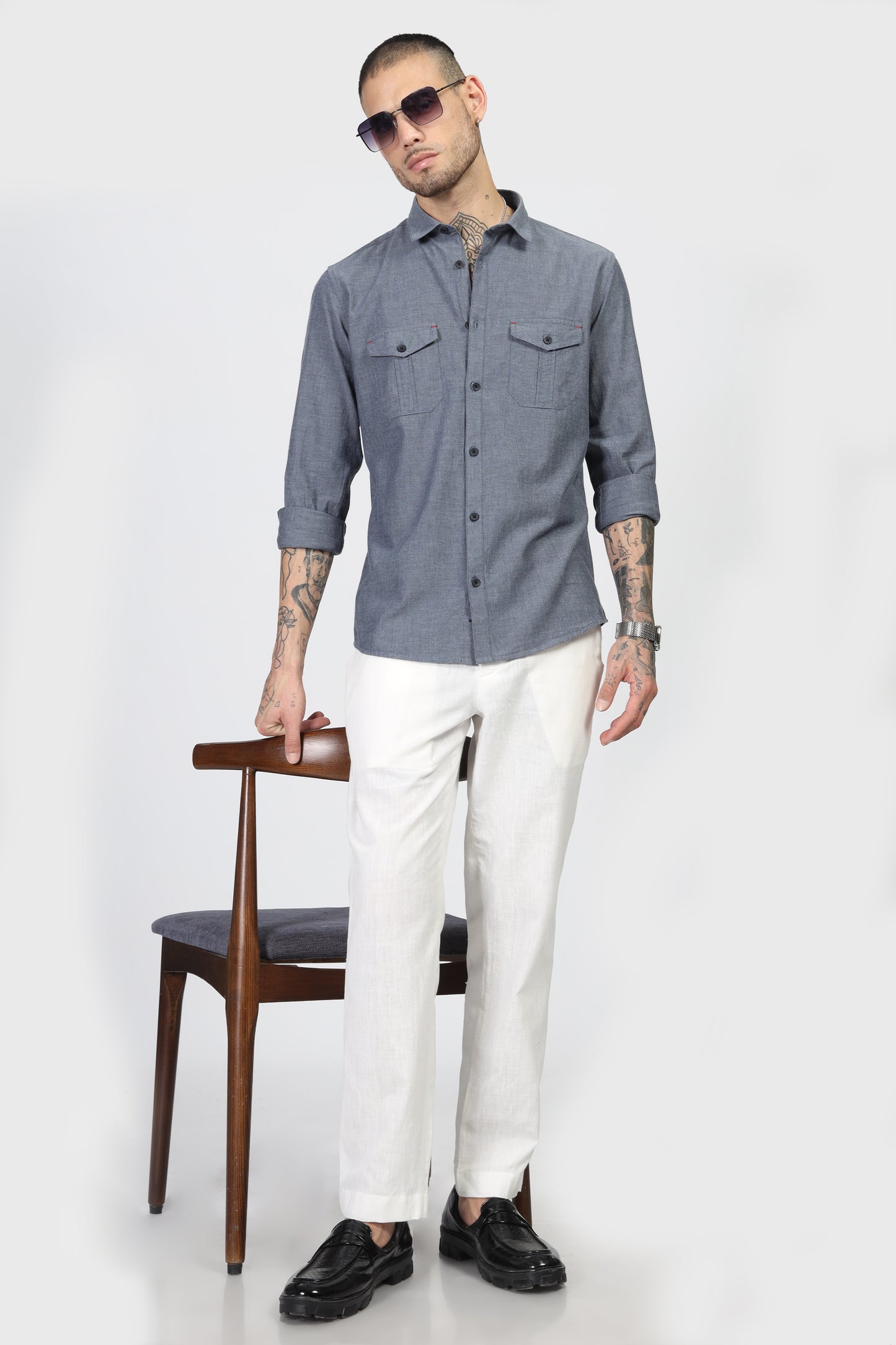 Uri Dark Grey Double Pocket Casual Shirt
