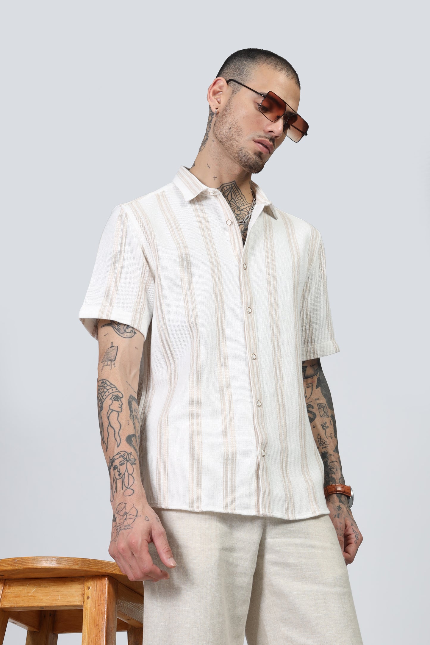 Uri Beige Matte Weave Half Sleeve Shirt