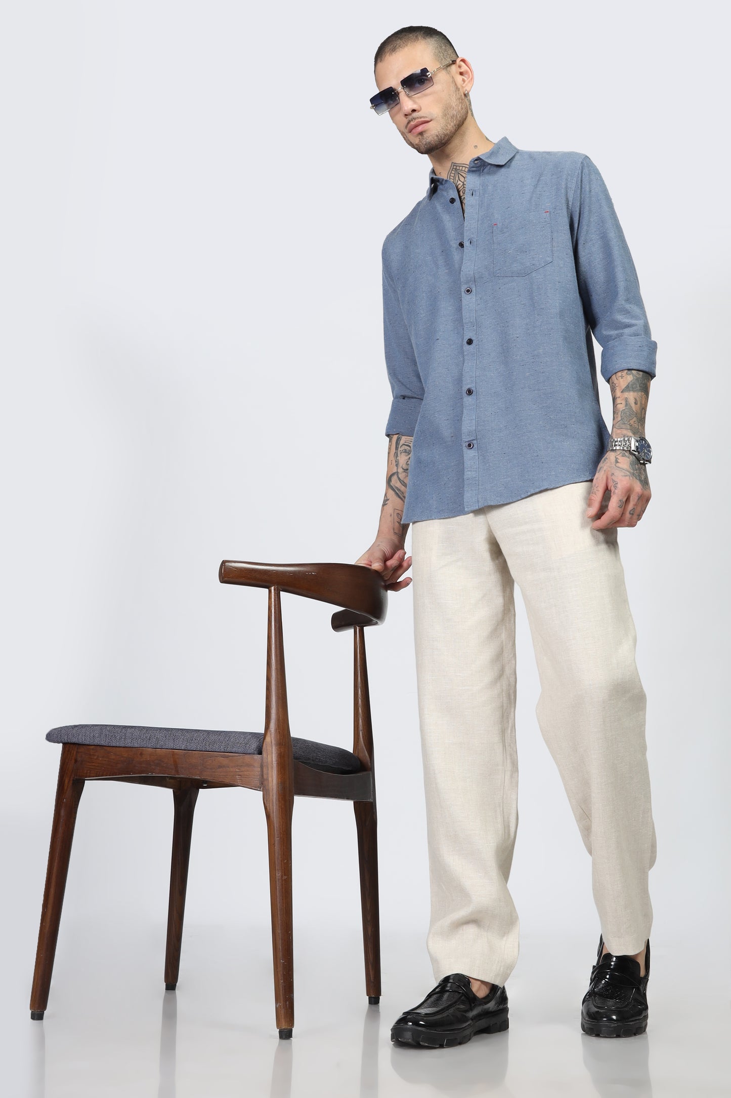 Uri Blue Solid Spread Collar Shirt