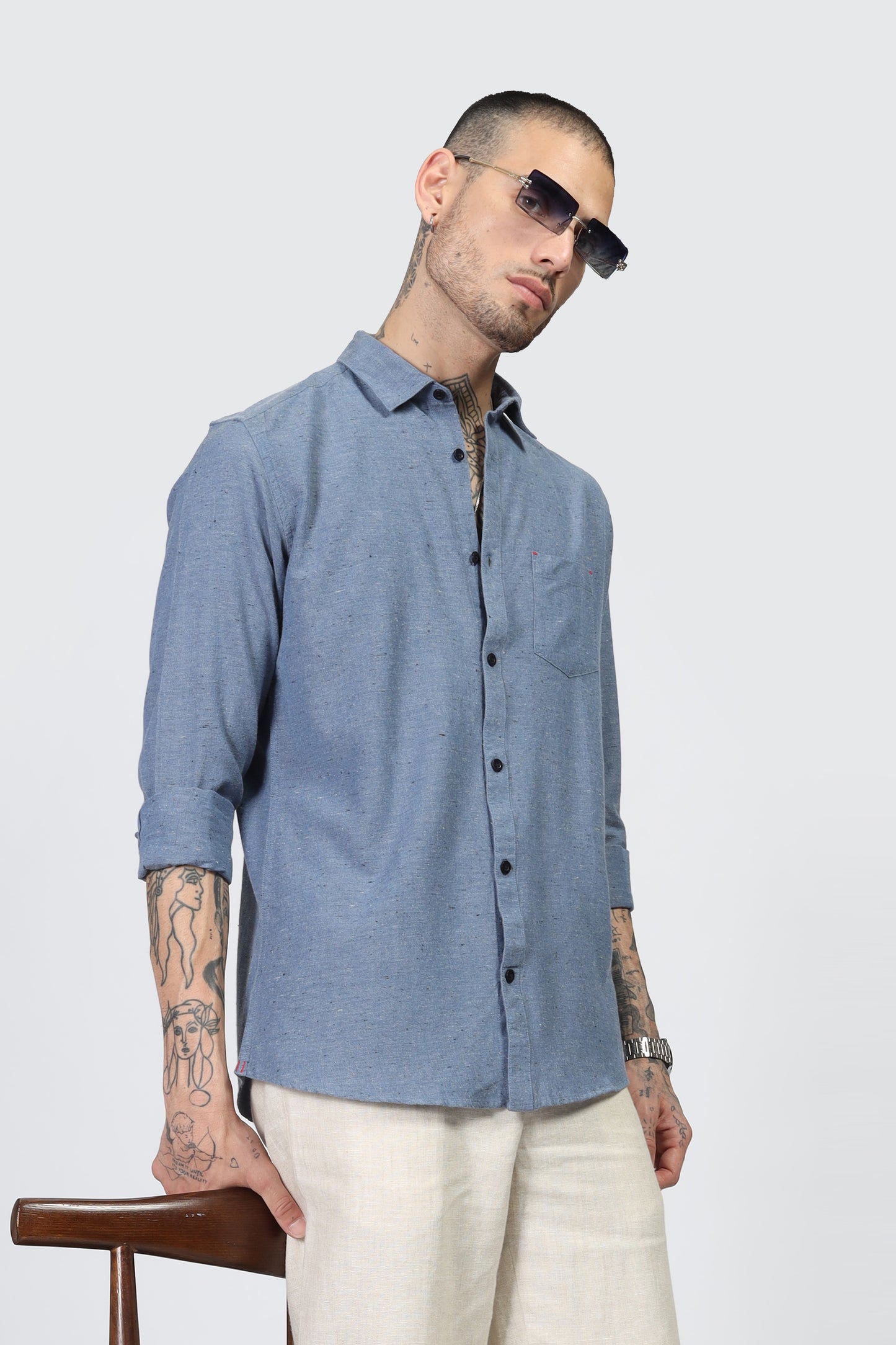Uri Blue Solid Spread Collar Shirt