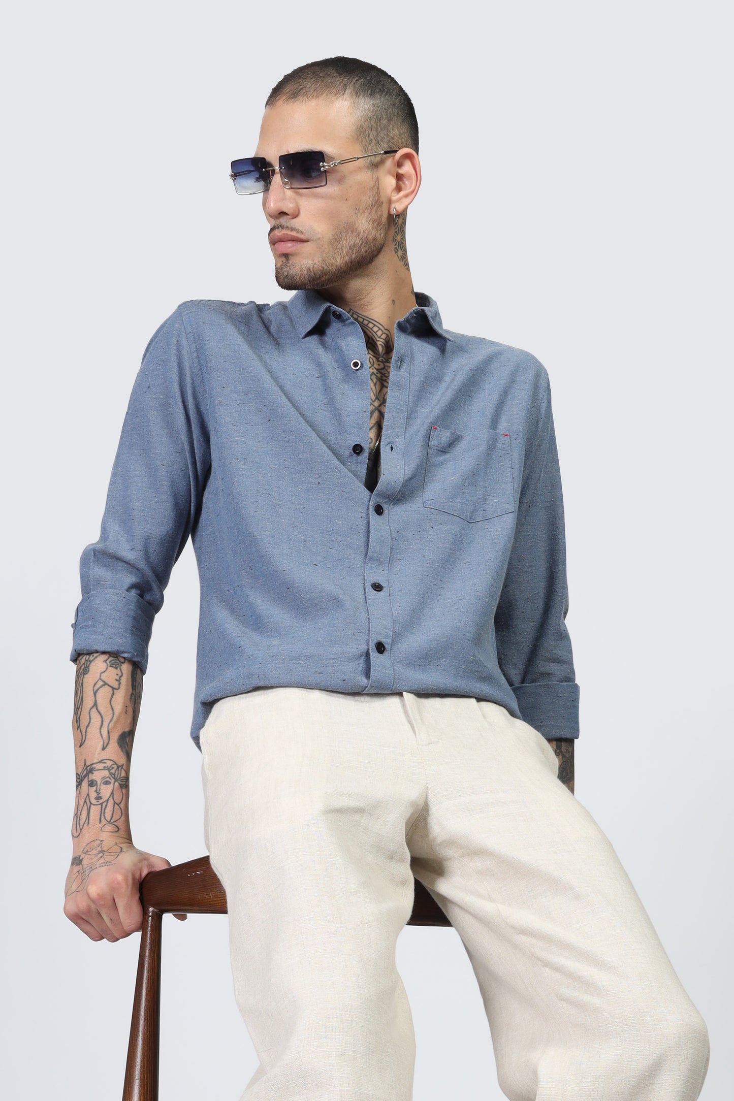 Uri Blue Solid Spread Collar Shirt