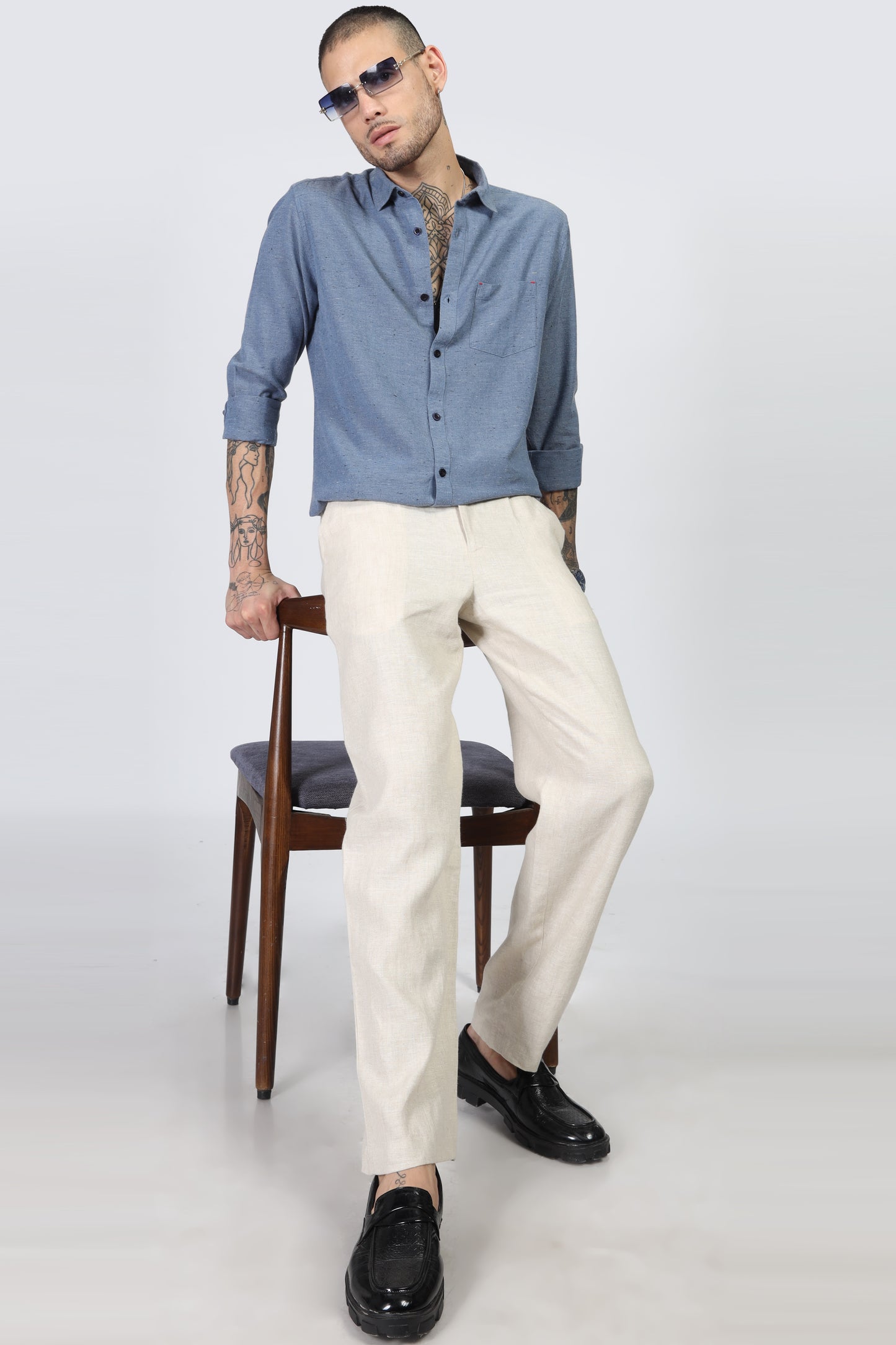 Uri Blue Solid Spread Collar Shirt