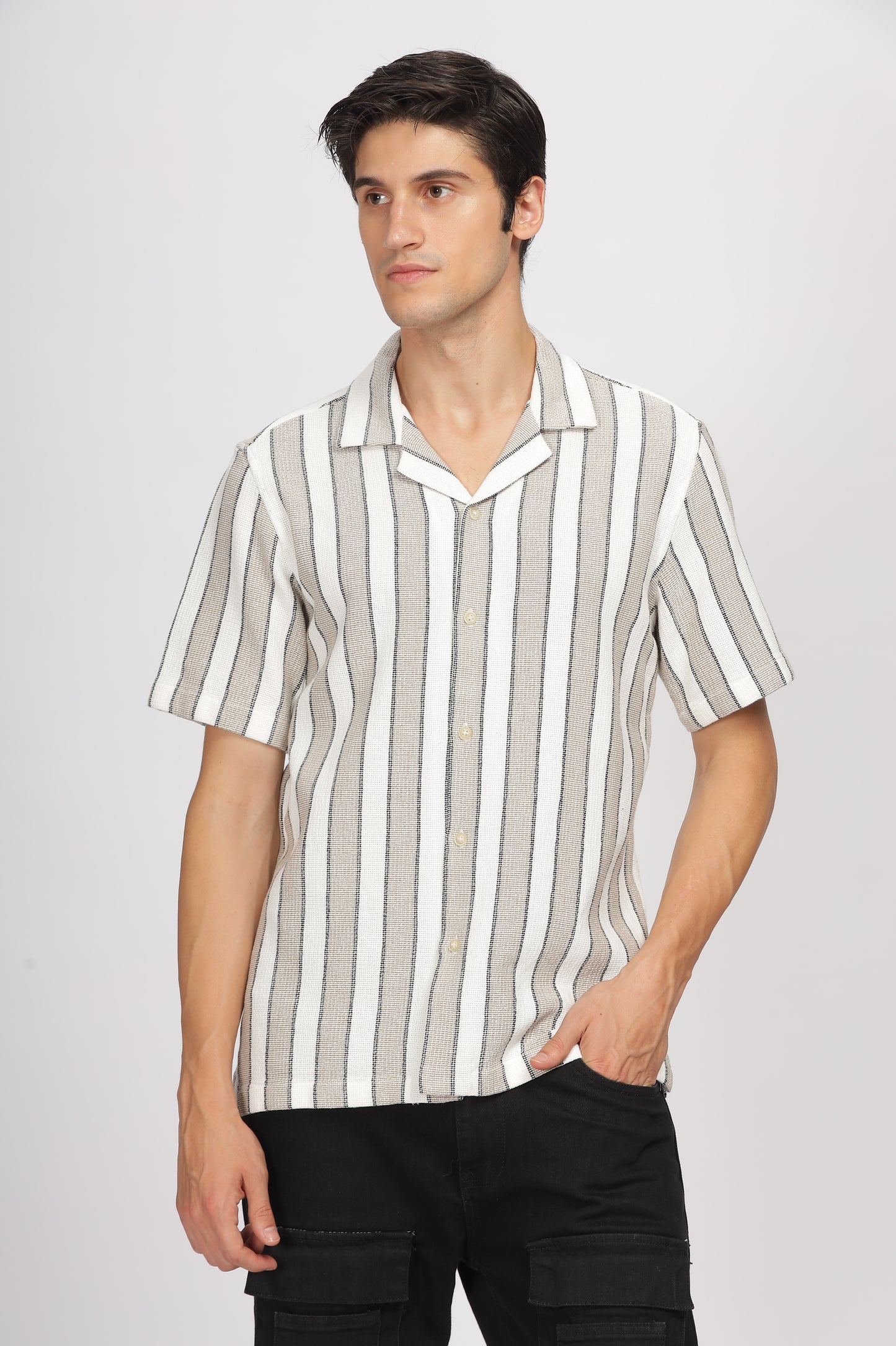 Uri Brown Cuban Collar Matte Weave Shirt