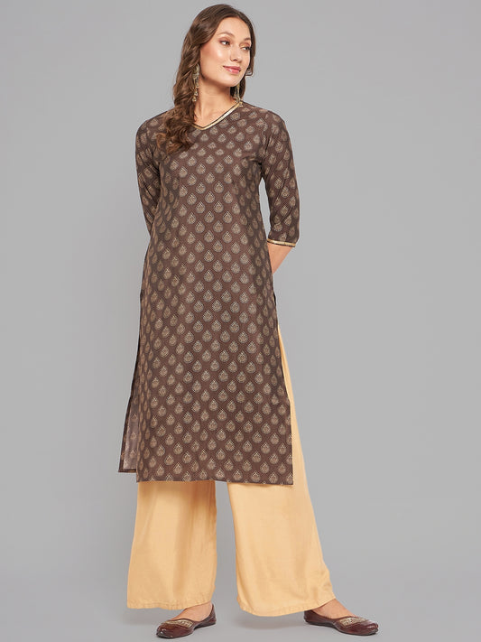 Women Brown Ethnic Motifs Printed Sequinned Kurta - Kashyap Global Lifestyles LLP