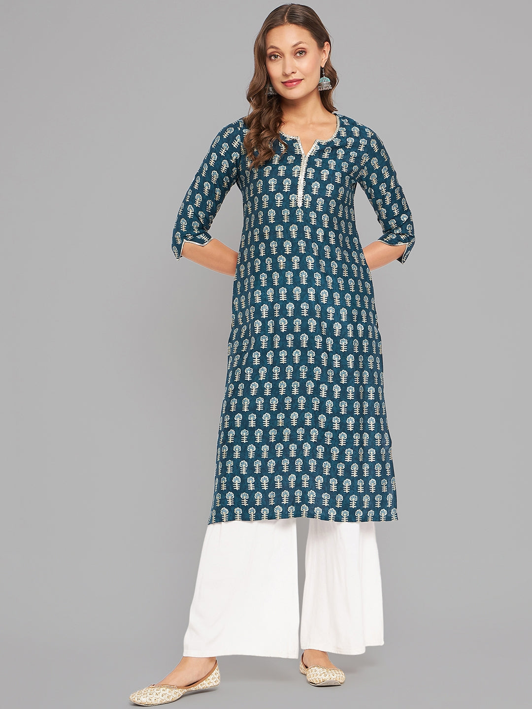 Women Blue Printed Kurta With Lace - Kashyap Global Lifestyles LLP
