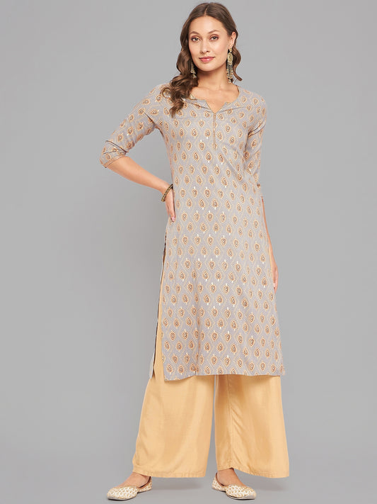 Women Grey Ethnic Motifs Printed Kurta With Piping - Kashyap Global Lifestyles LLP