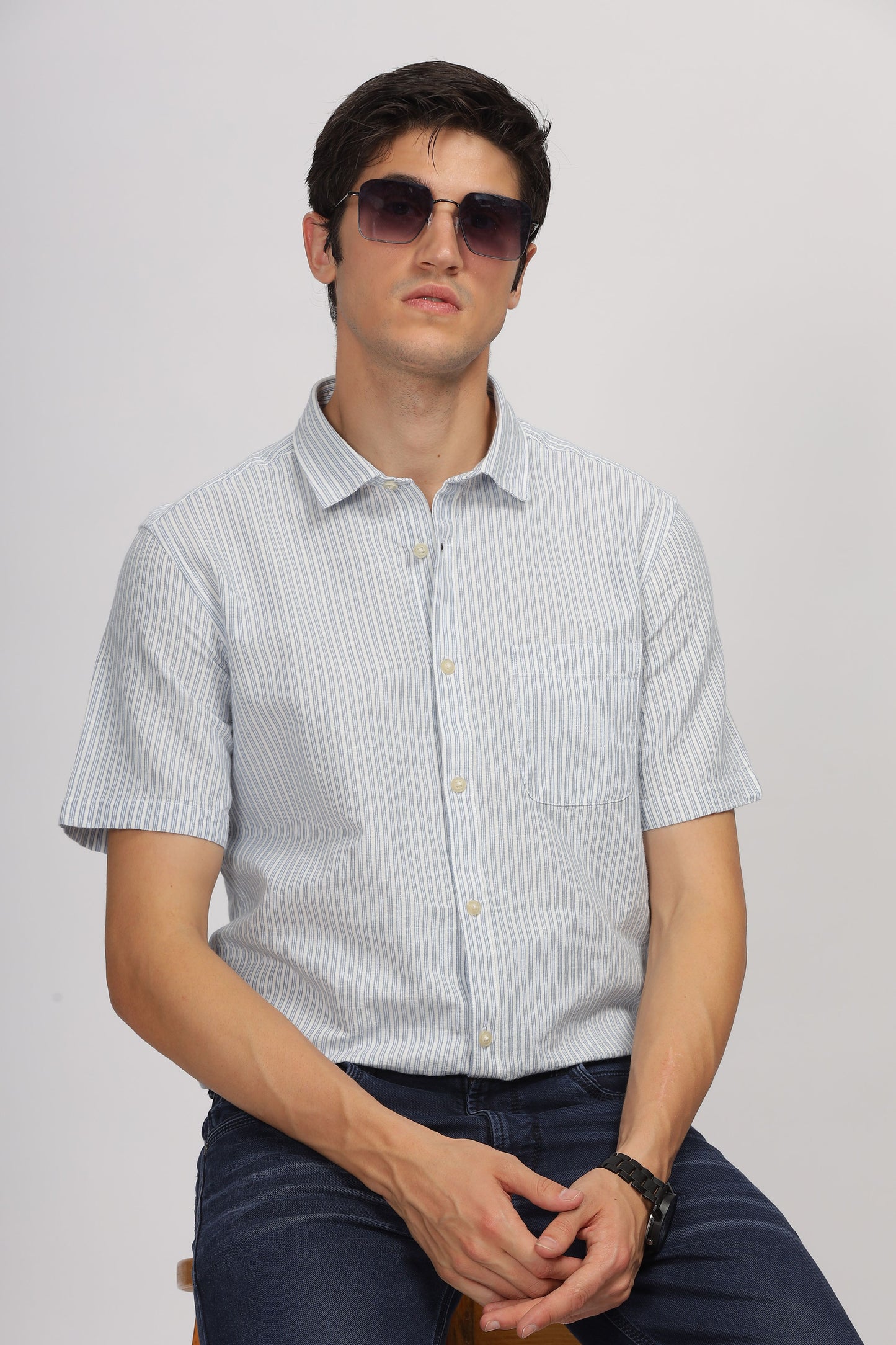 Uri Half Sleeve Linen Striped Shirt