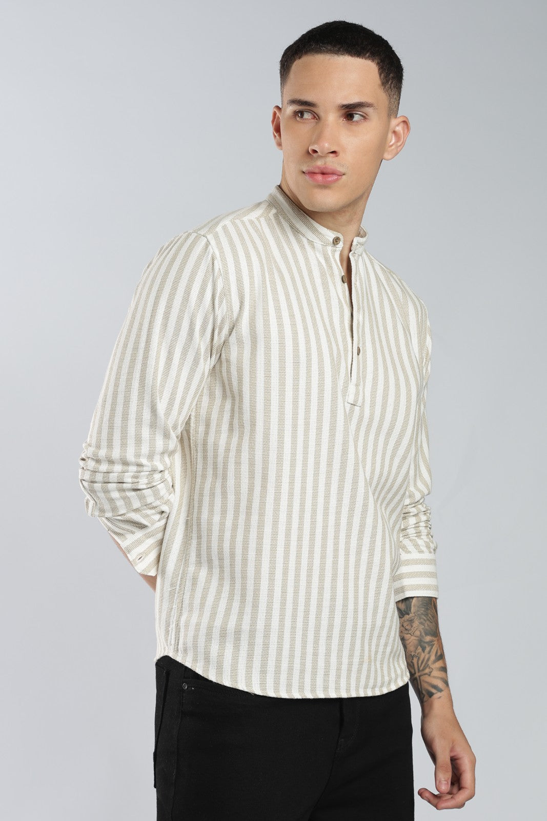 Beige Matte Stripe Short Kurta