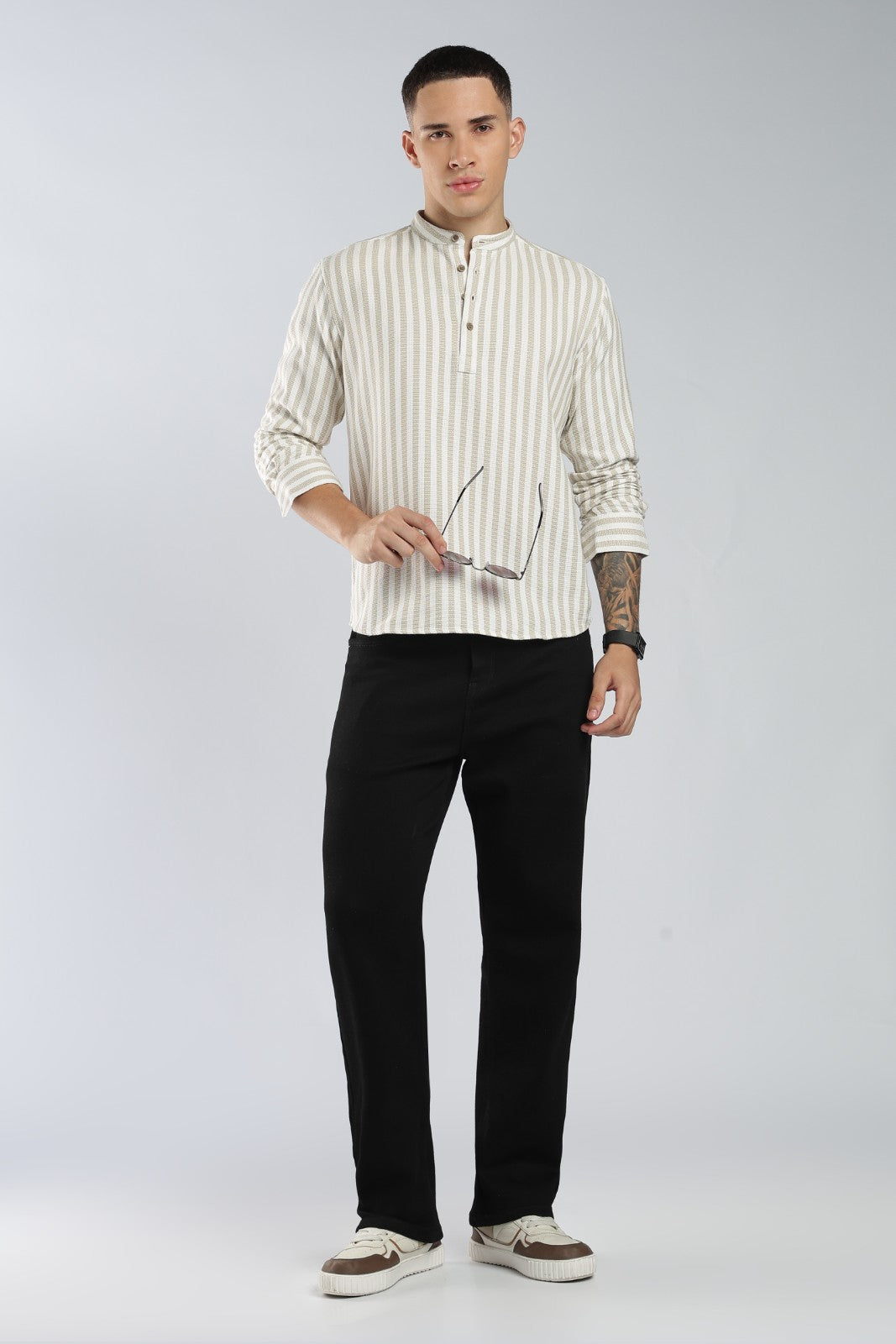 Beige Matte Stripe Short Kurta