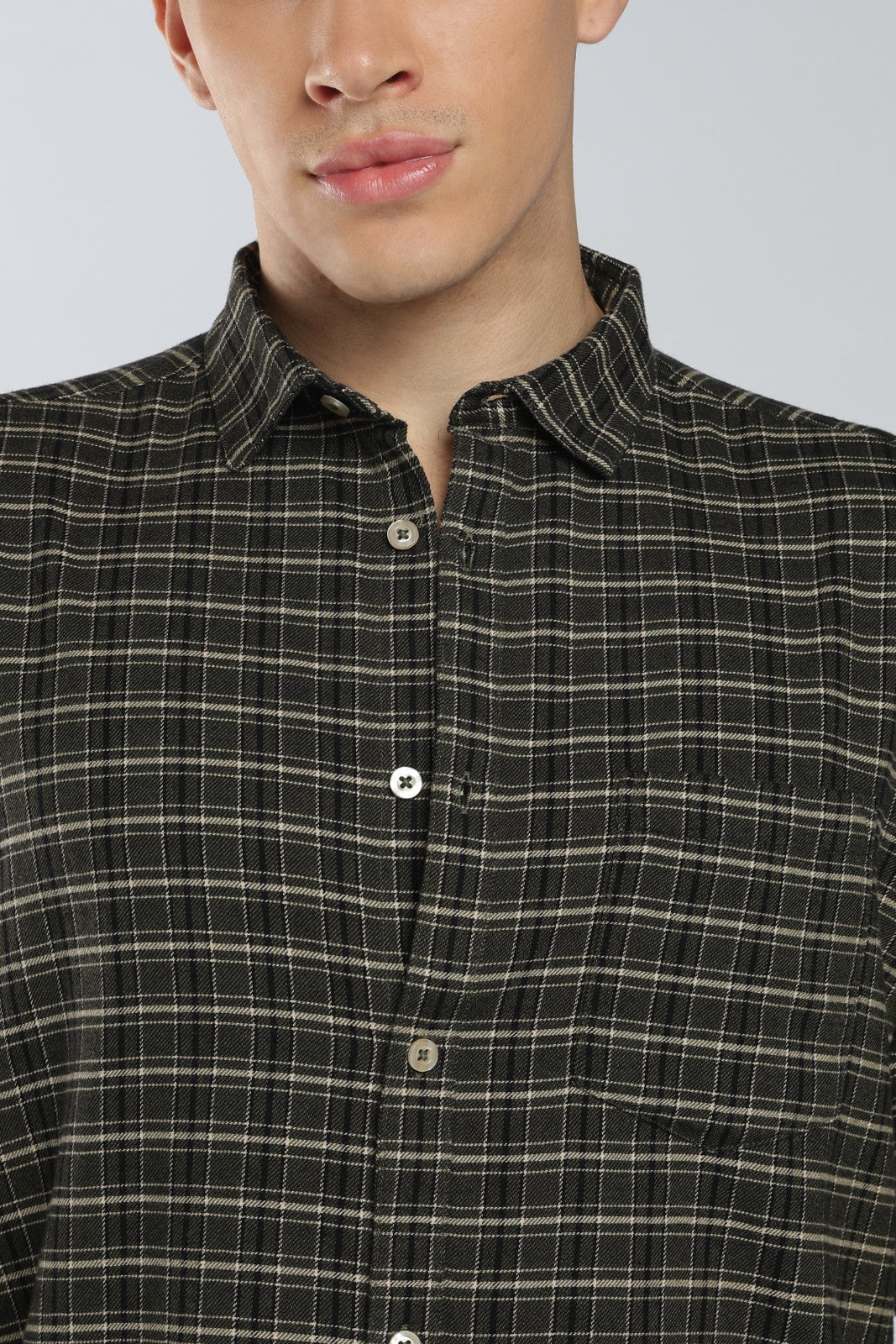 Dark Olive Twill Check Casual Shirt