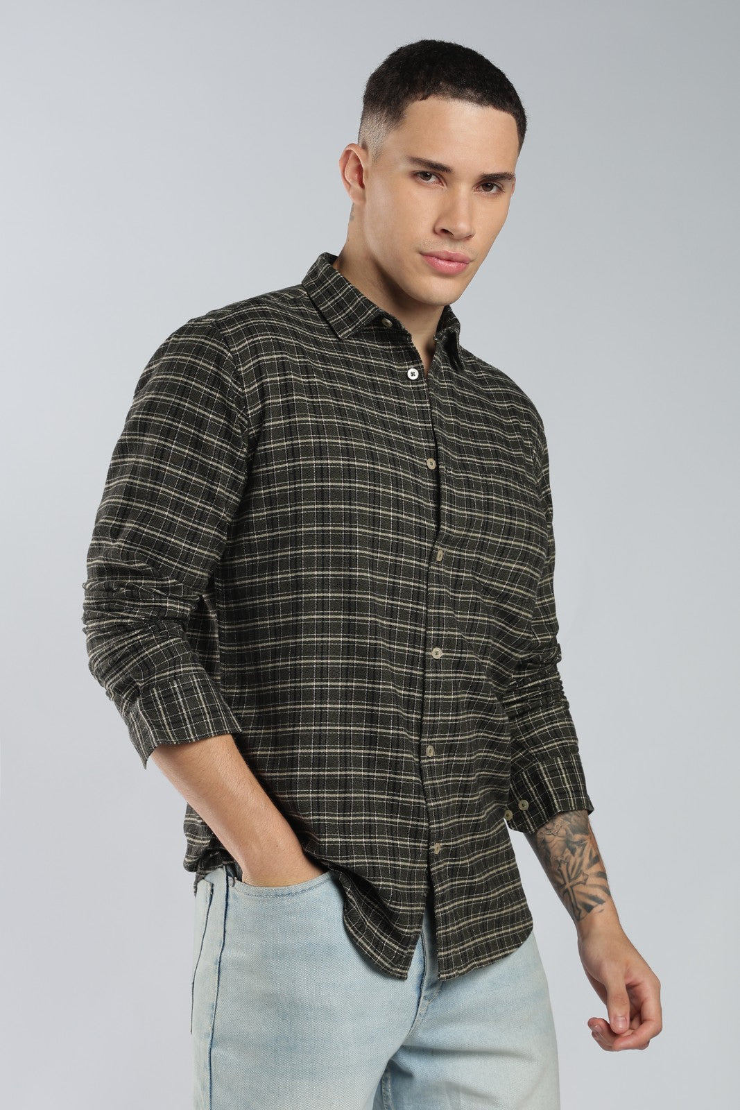 Dark Olive Twill Check Casual Shirt