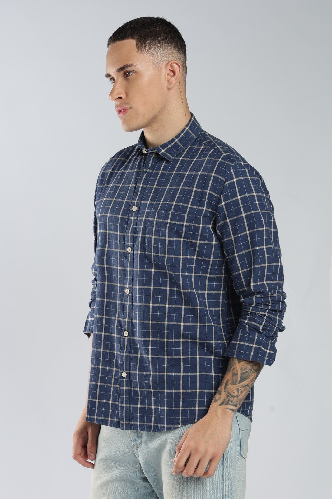 Blue Twill Check Casual Shirt