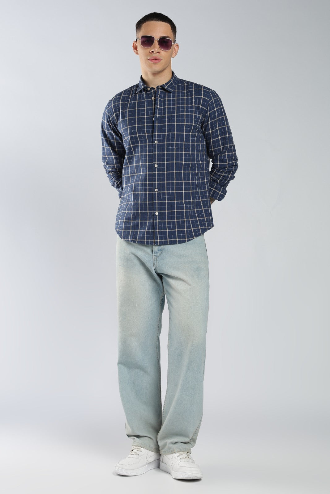 Blue Twill Check Casual Shirt