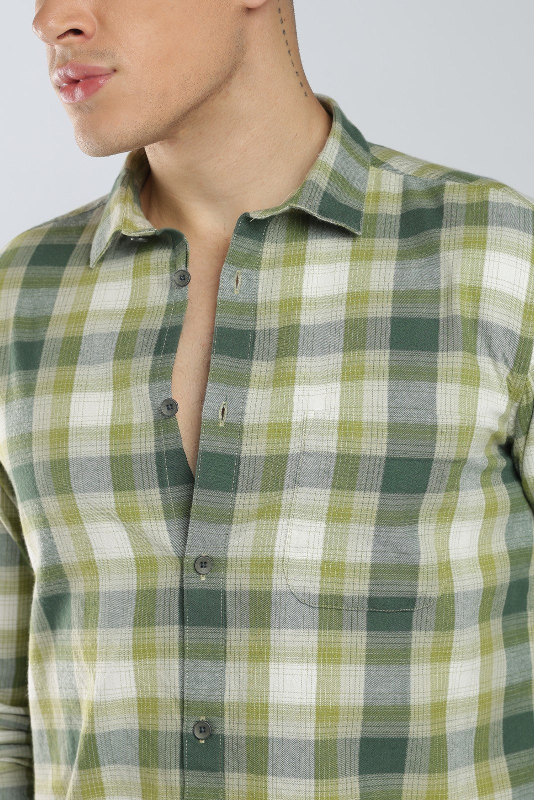 Olive Twill Check Casual Shirt