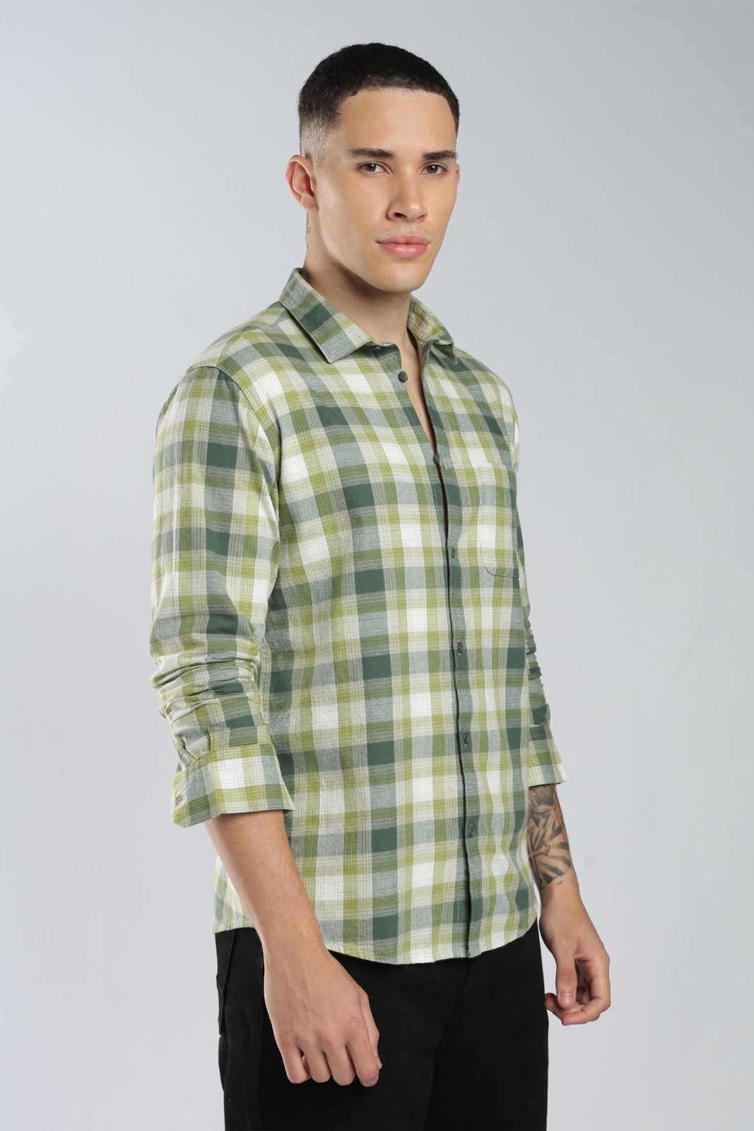 Olive Twill Check Casual Shirt
