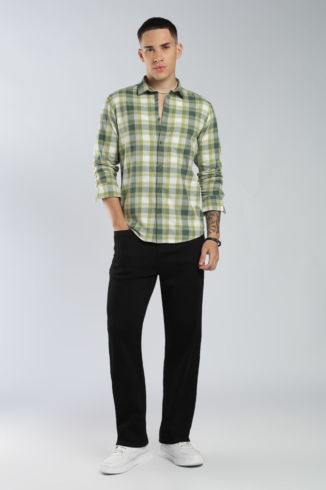 Olive Twill Check Casual Shirt