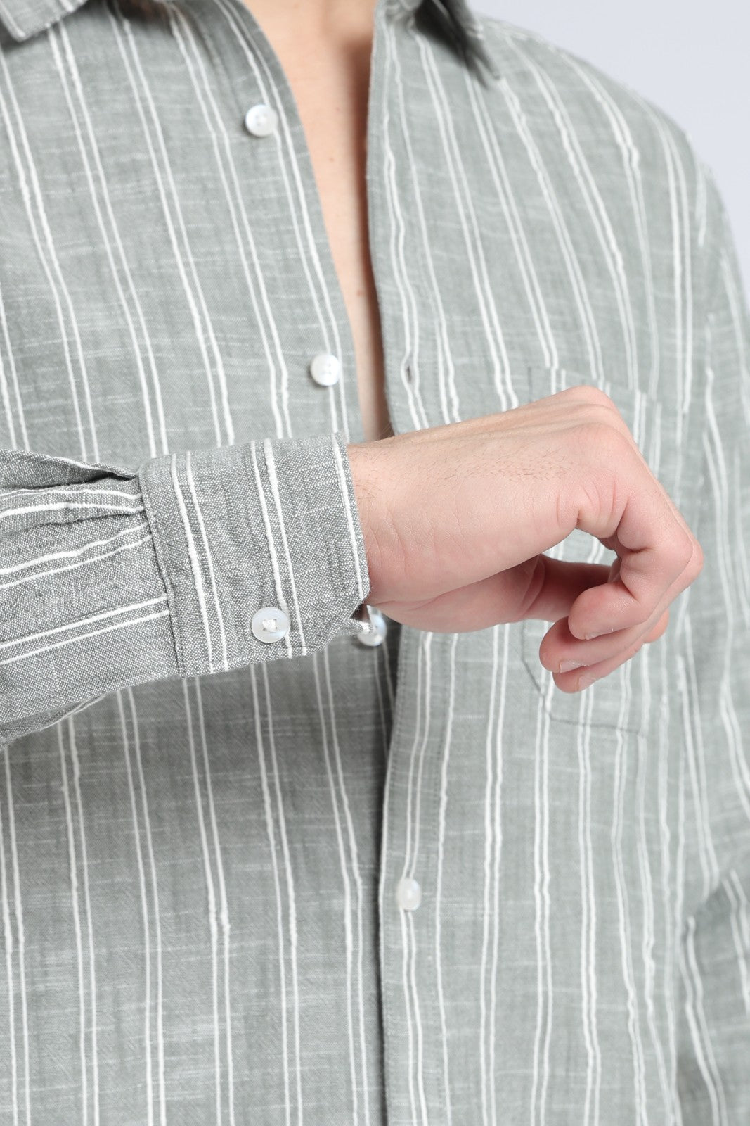 Muted Olive Vertical Stripe Casual Shirt