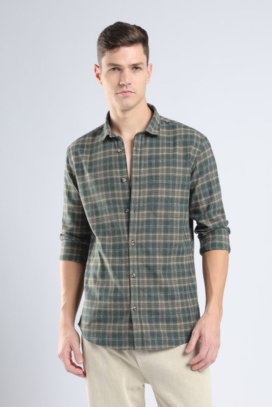 Deep Olive Plaid Casual Shirt