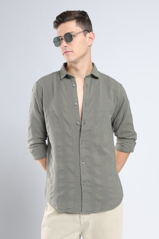 Olive Dobby Stripe Casual Shirt