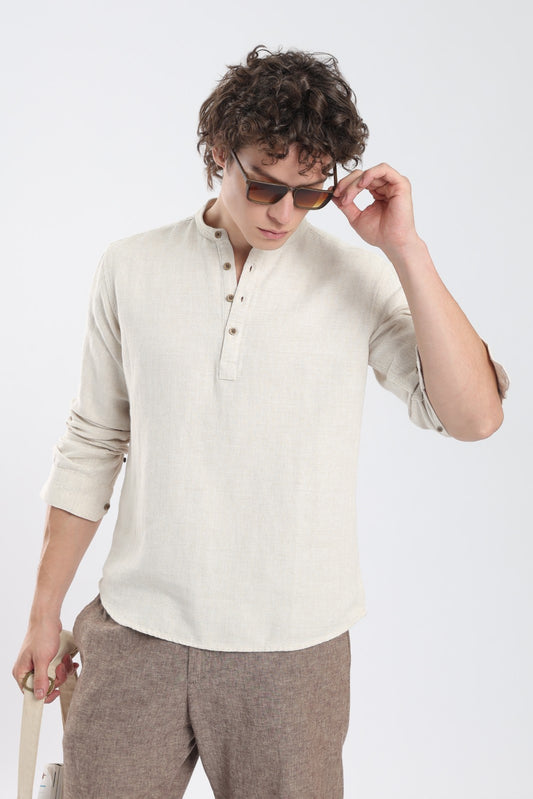 Sand Beige Herringbone Linen Blend Short Kurta