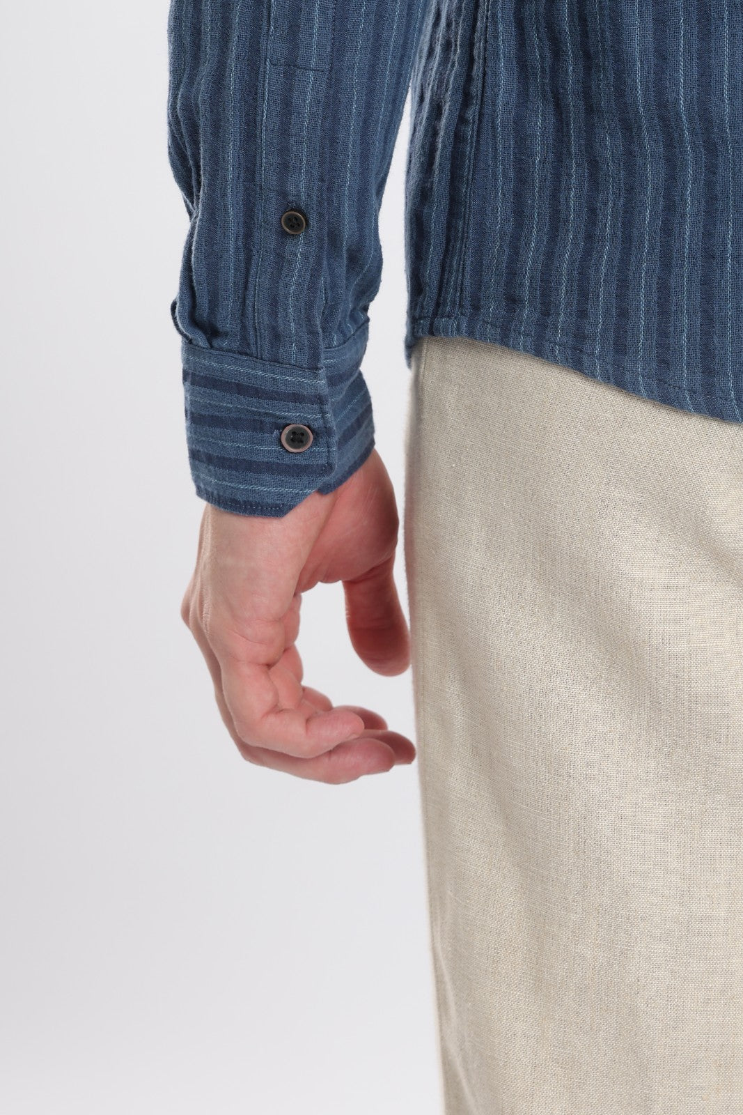 Navy Blue Double Cloth Stripe Short Kurta