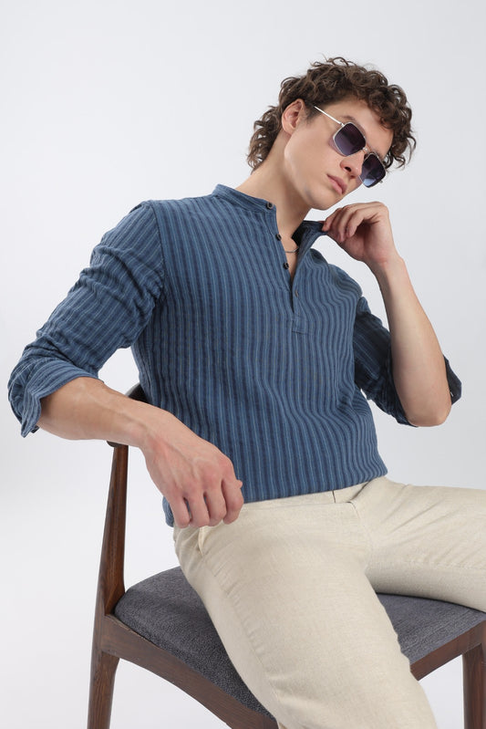Navy Blue Double Cloth Stripe Short Kurta