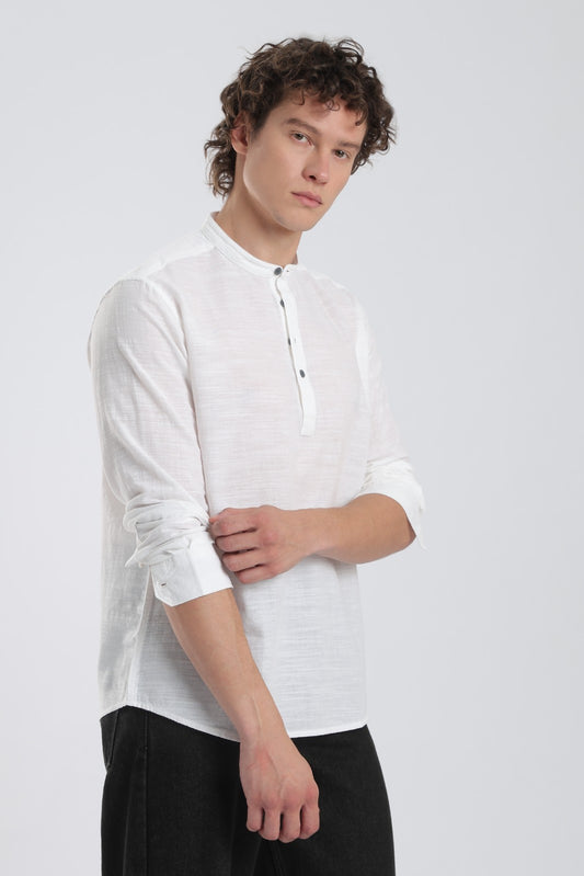 White Textured Linen Blend Short Kurta
