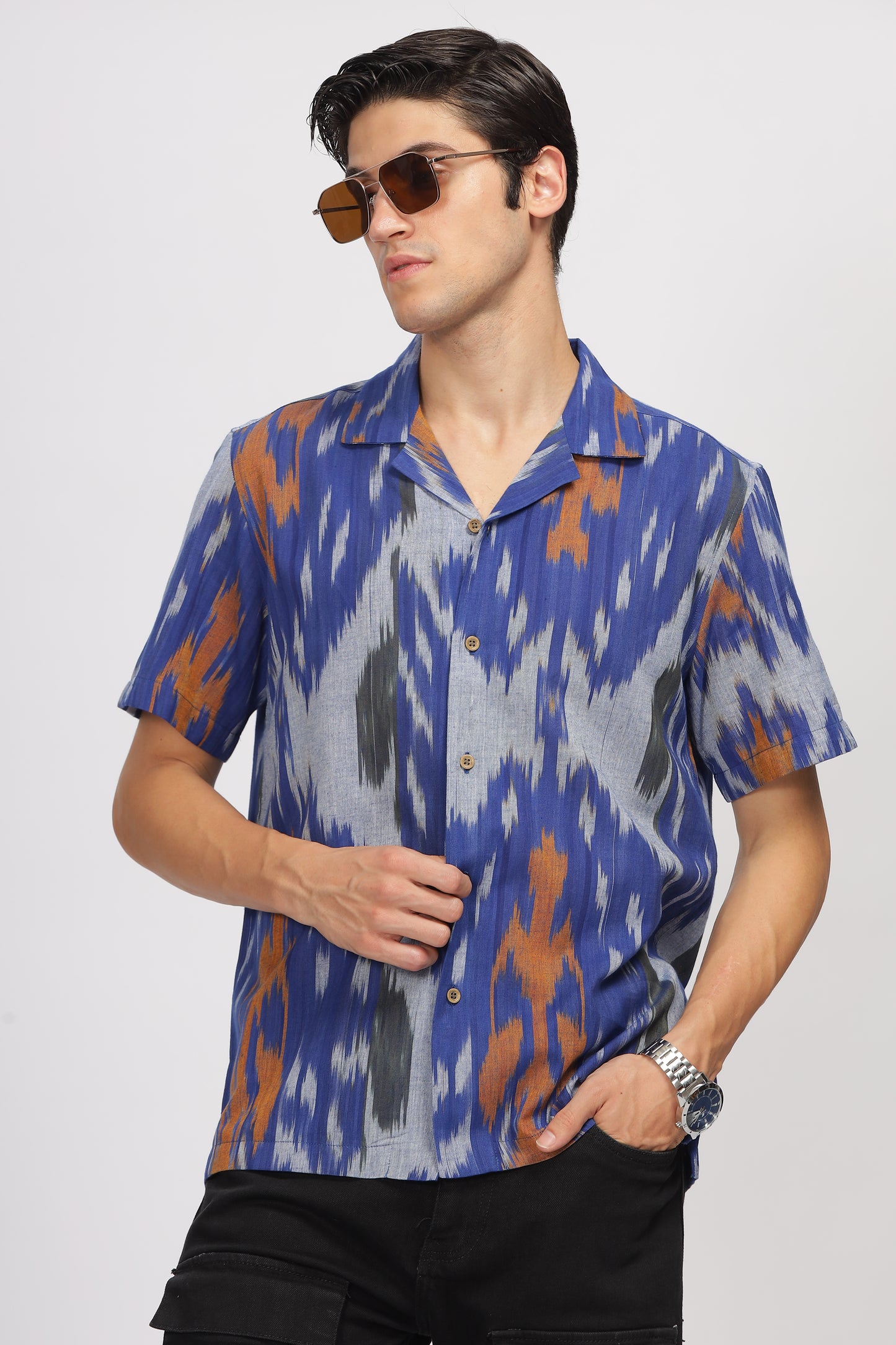 Uri Cuban Collar Multicolor Ikat Casual Shirt