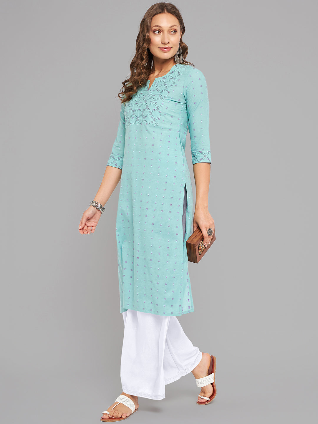 Women Sea Green Kurta With Embroidered Yoke - Kashyap Global Lifestyles LLP