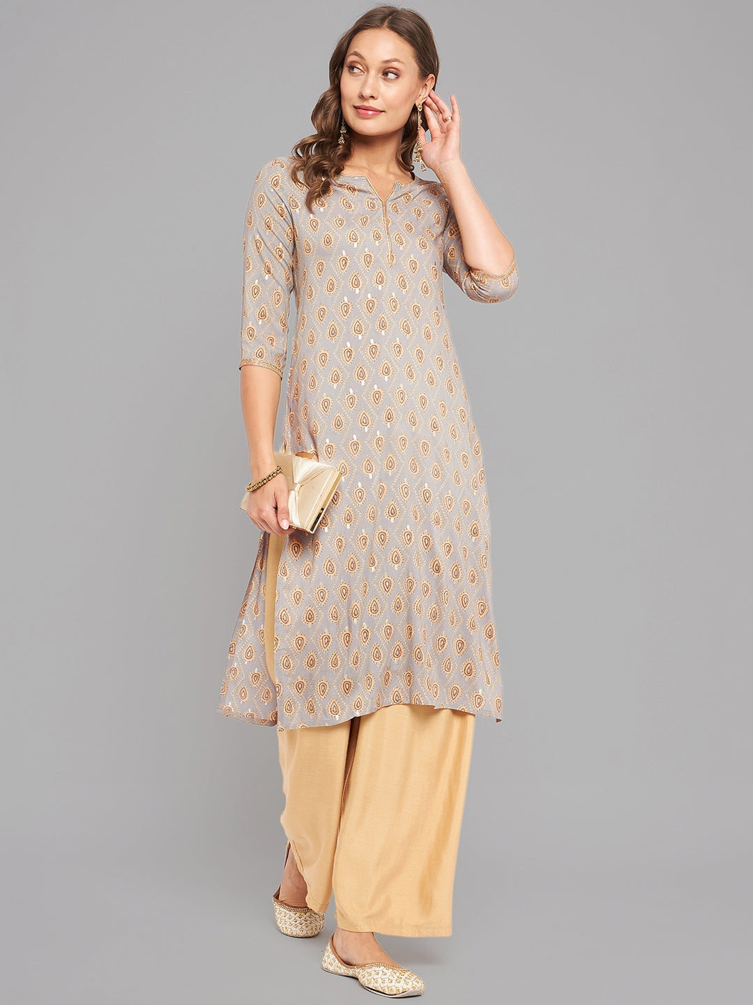 Women Grey Ethnic Motifs Printed Kurta With Piping - Kashyap Global Lifestyles LLP