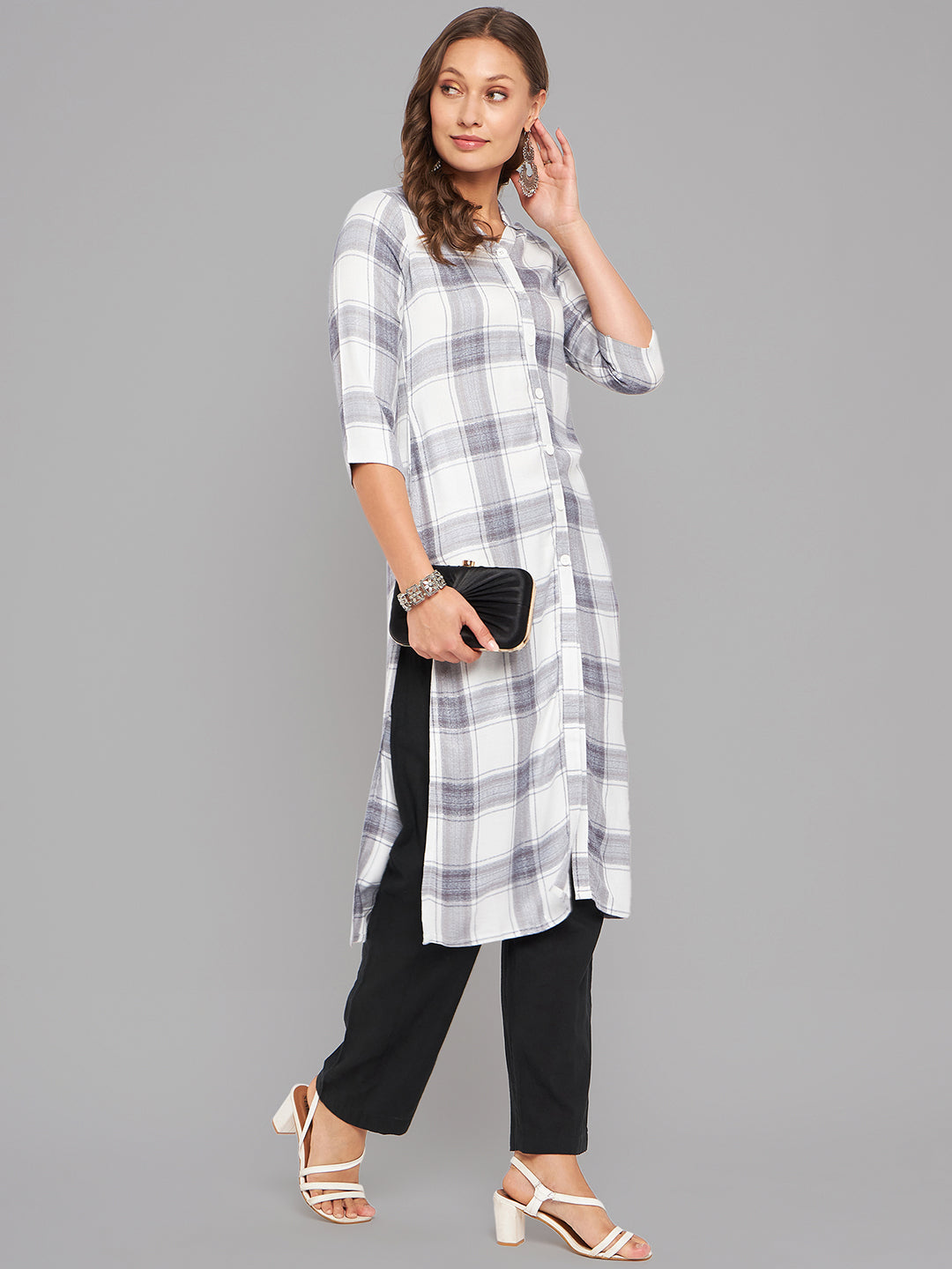 Women White & Grey Collar Neck Kurta - Kashyap Global Lifestyles LLP