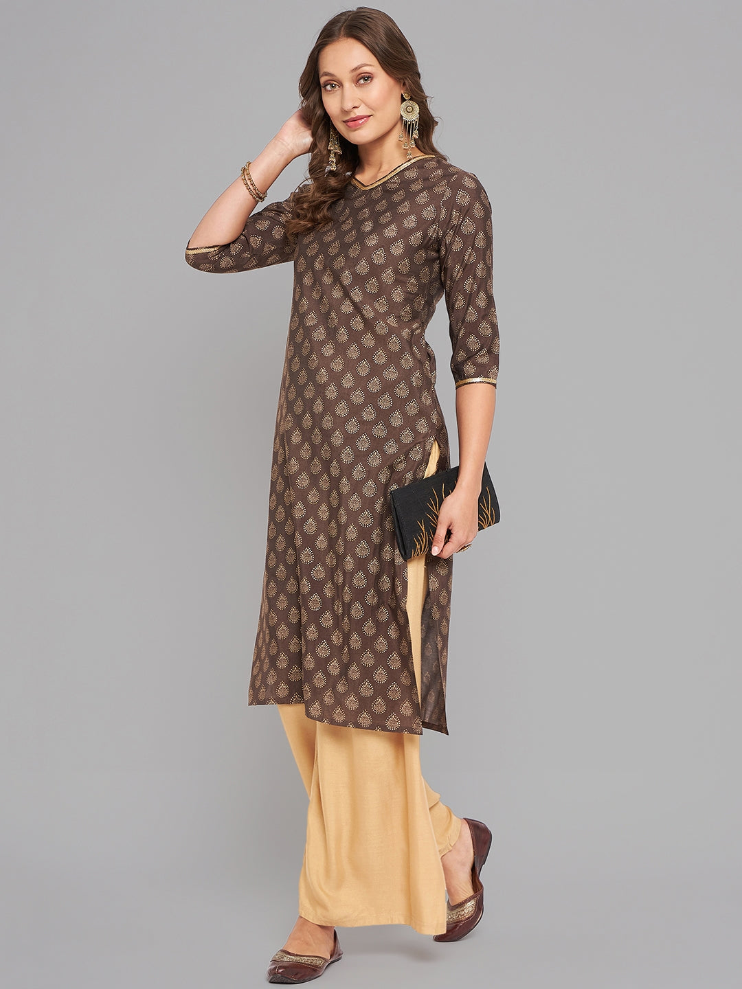 Women Brown Ethnic Motifs Printed Sequinned Kurta - Kashyap Global Lifestyles LLP